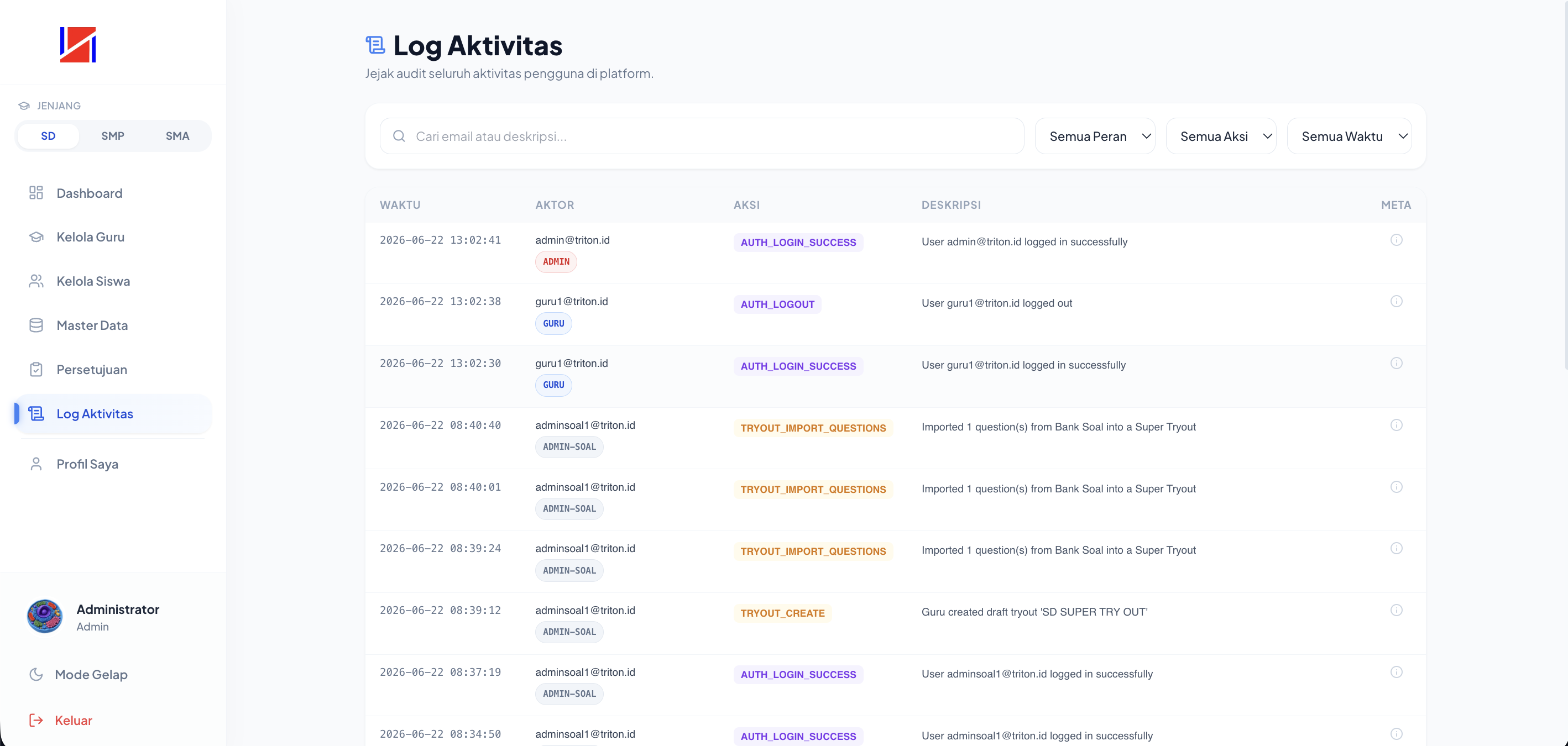Screenshot Log Aktivitas